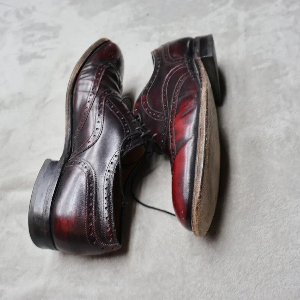 Johnston & Murphy Mens 9D Oxford Shoes Wine Leather Brogue Wingtip Dress 15-1133